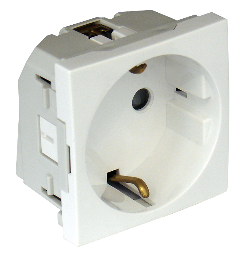 Tomada Schuko com Alvéolos Planos, Ligação Rápida e Obturador 2 Módulos Branco