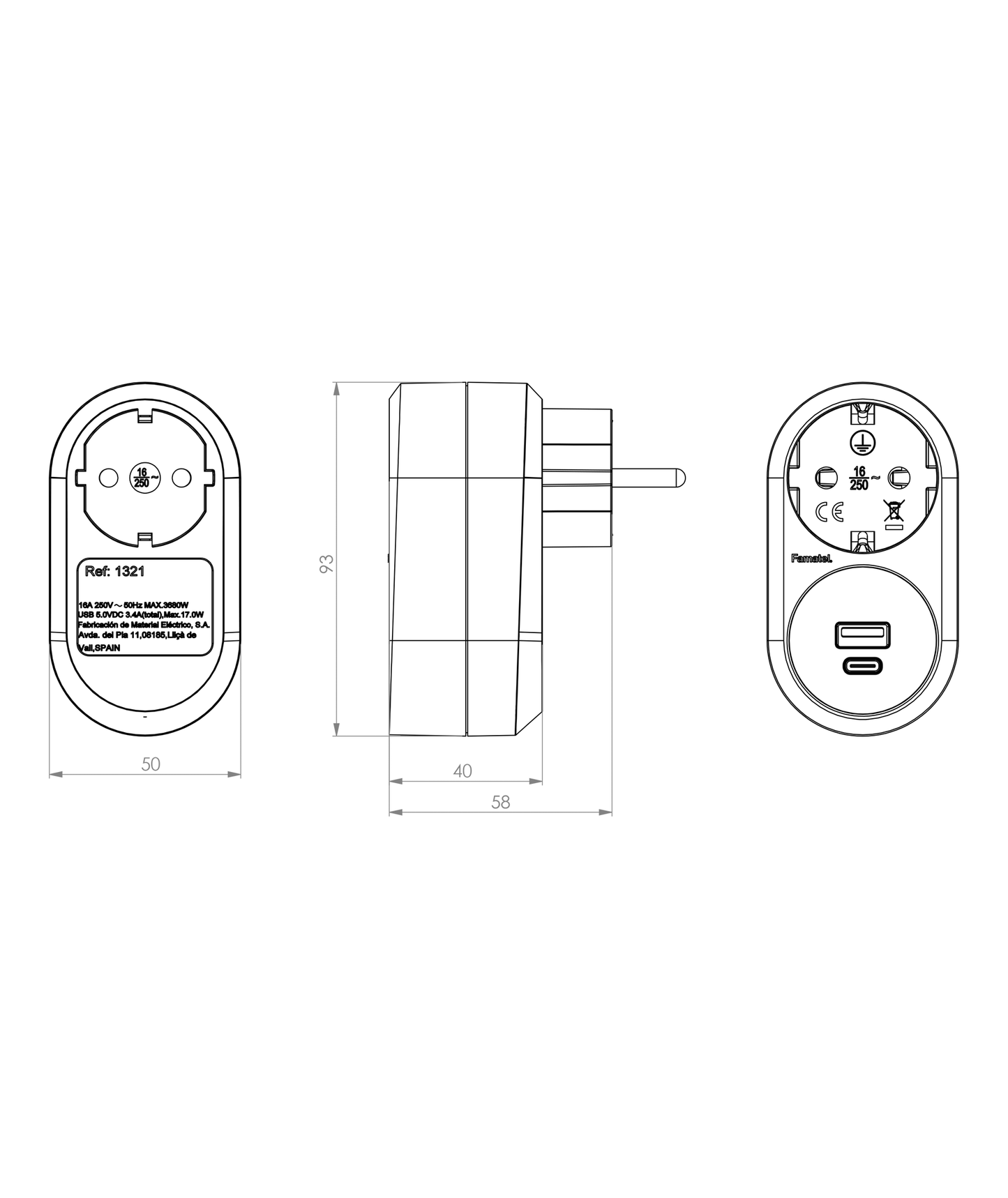 Tomada 2P 16A com USB Tipo A + USB Tipo C