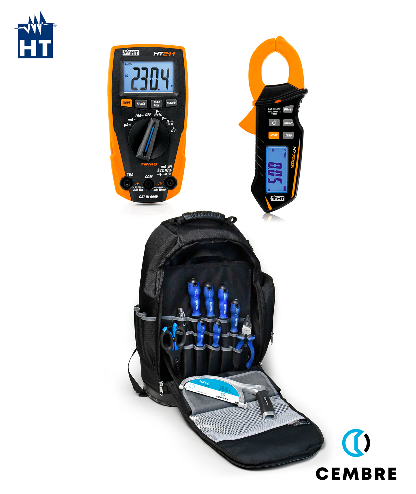 Kit Mochila de Ferramentas Equipada + Multímetro HT211 + Pinça Amperimétrica HT7005