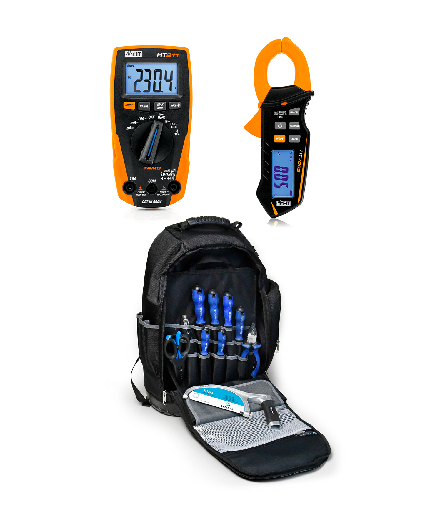 Kit Mochila de Ferramentas Equipada + Multímetro HT211 + Pinça Amperimétrica HT7005