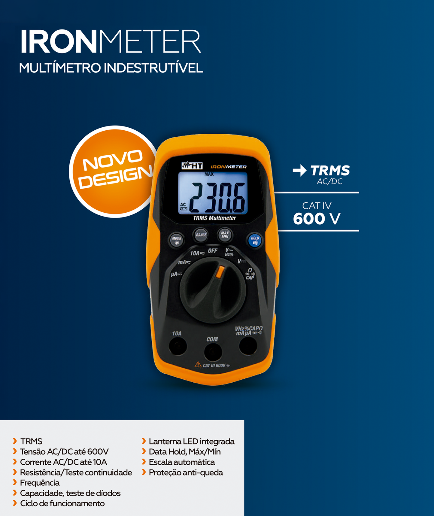 Multímetro IronMeter com Lanterna LED TRMS AC/DC Cat IV