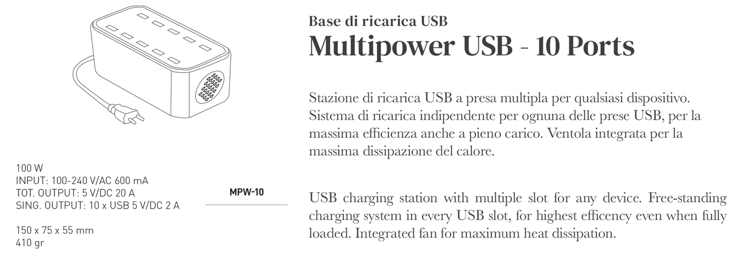 Base de Carregamento com 10 entradas USB 2VDC 2A