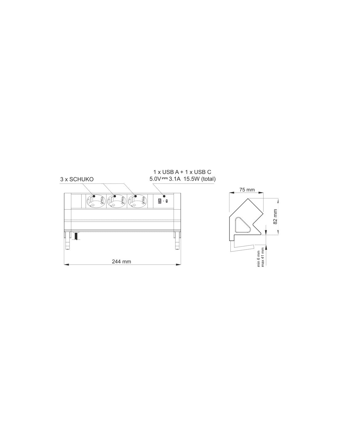 Desk Box Aço Inox 3xSchuko + 2xUSB (A+C)