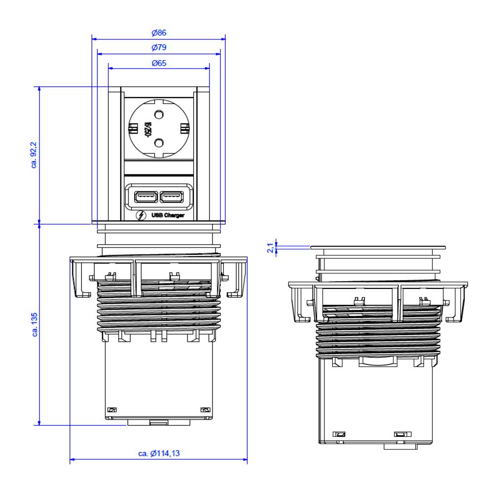 Tomada Elevator 1xSchuko + 2xUSB (Tipo A) Bachmann