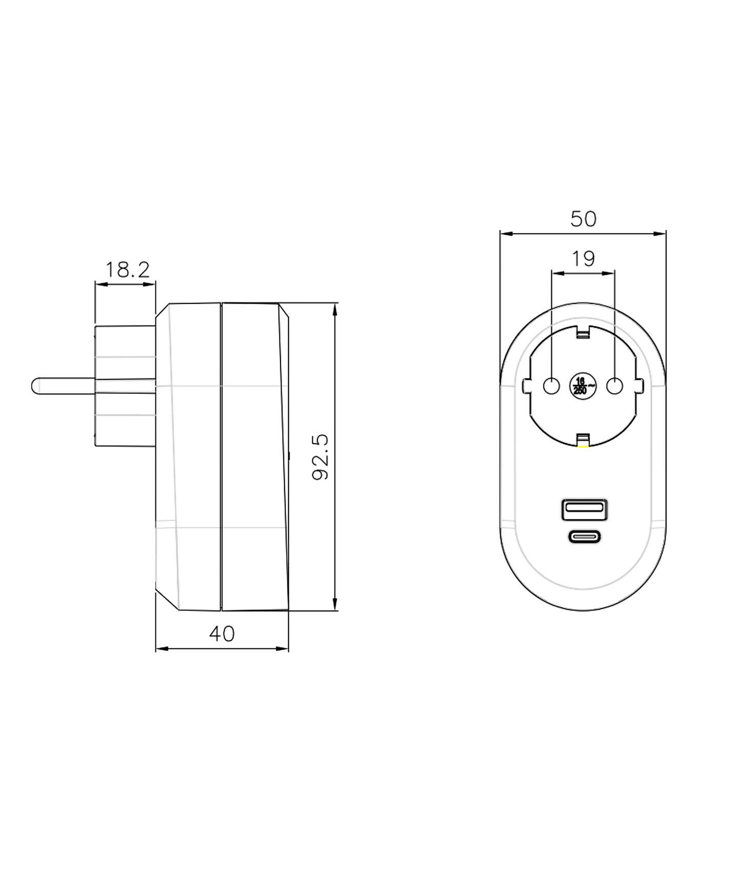 Tomada 2P 16A com USB Tipo A + USB Tipo C