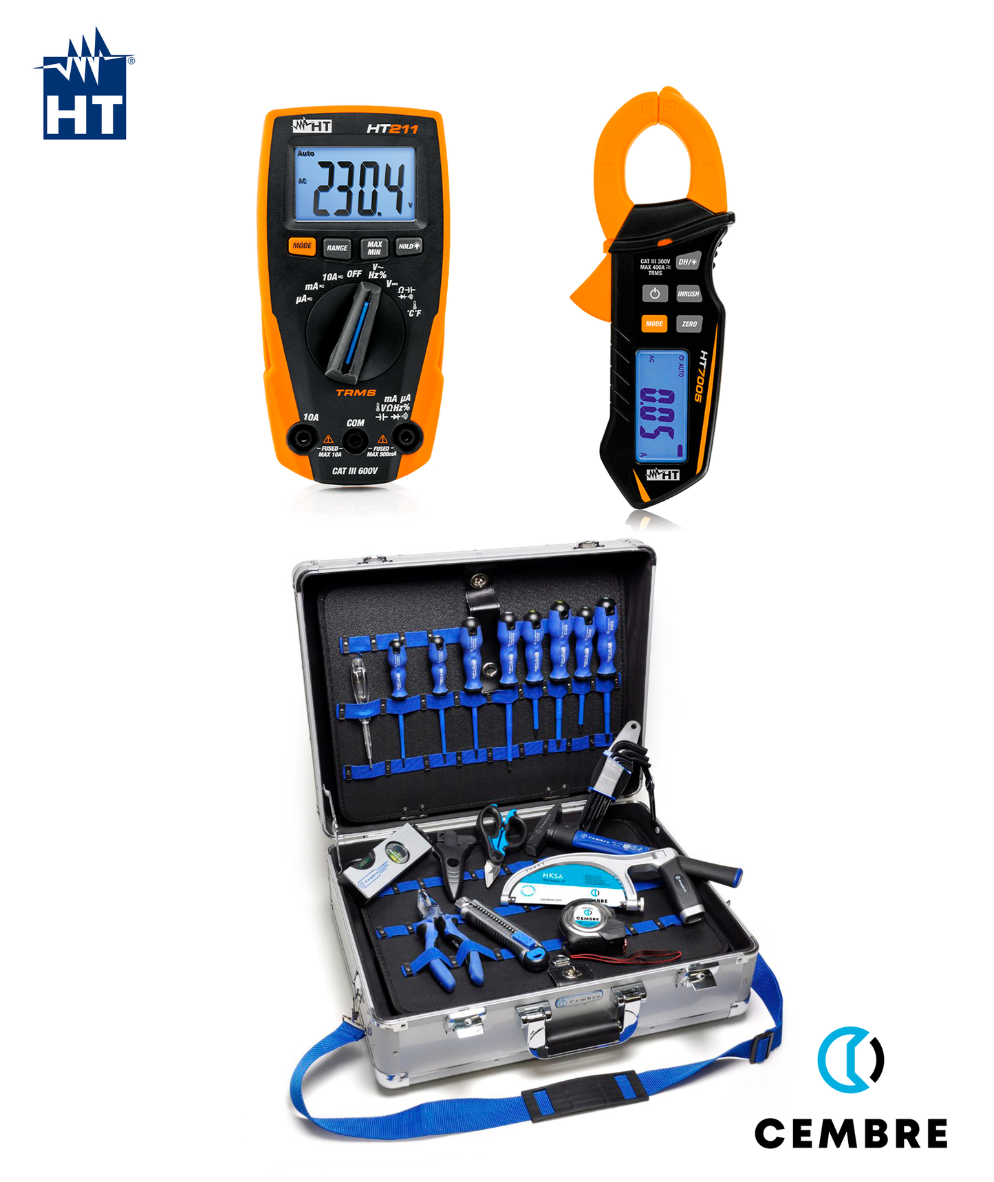 Kit Mala de Ferramentas Alumínio Equipada + Multímetro HT211 + Pinça Amperimétrica HT7005