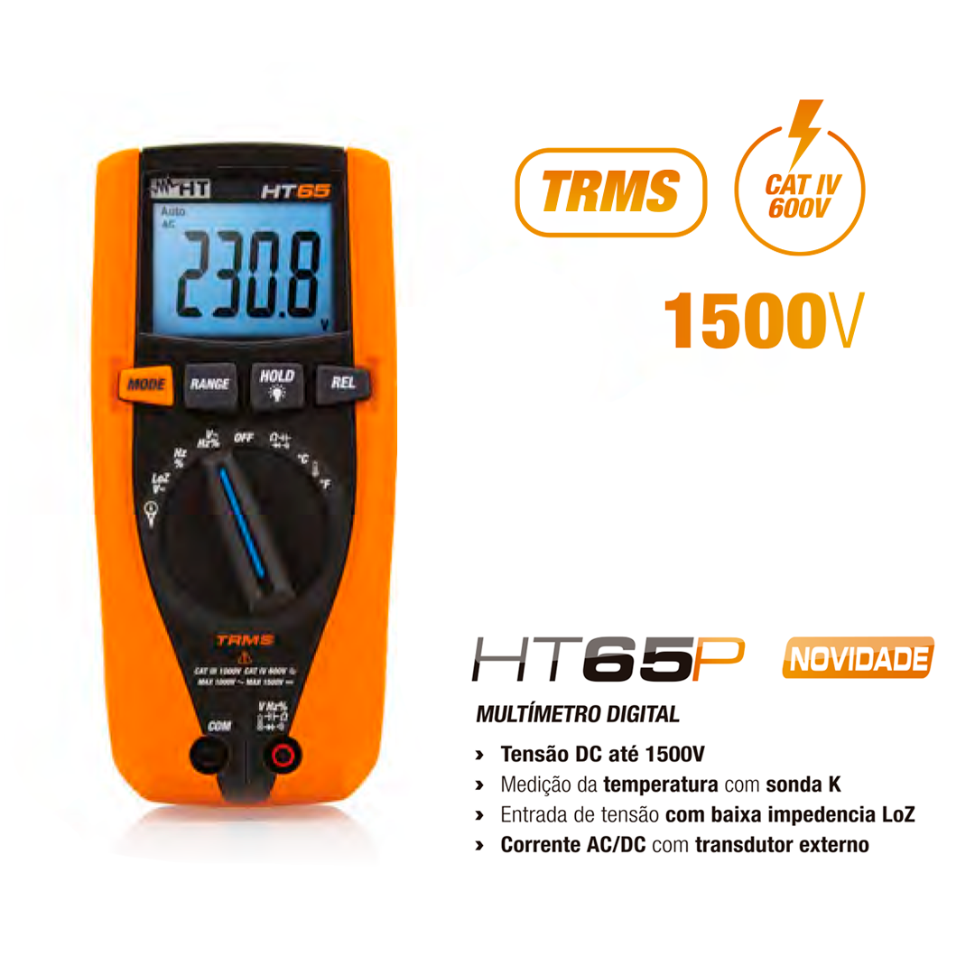 KIT65P: Multímetro Digital HT65 TRMS para Medições de Tensão CC até 1500V + Transdutor com Pinça AC/DC